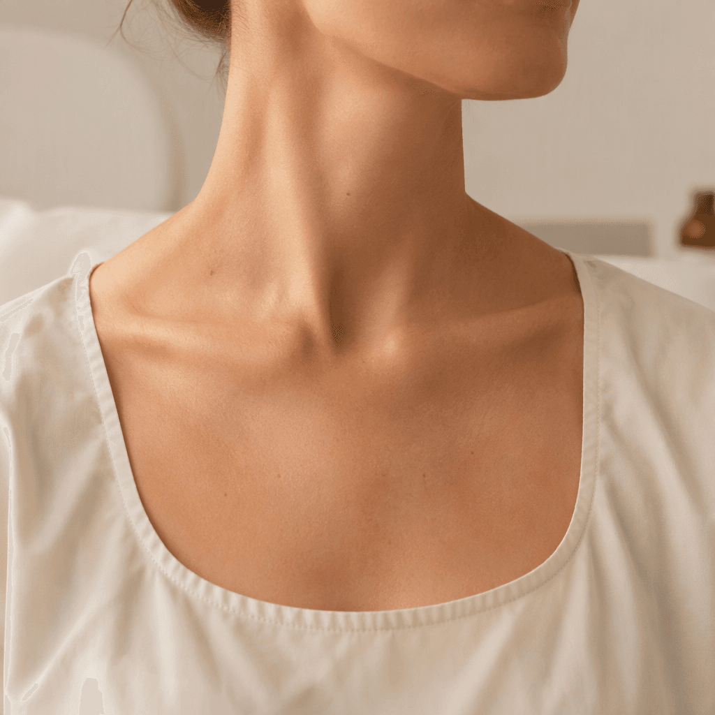 Collarbones and décolletage typical of breast filler